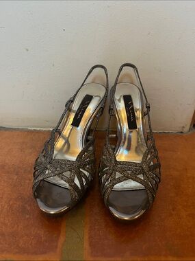 Nina Glitter Strappy Open-Toe Slingback Heels in silver
